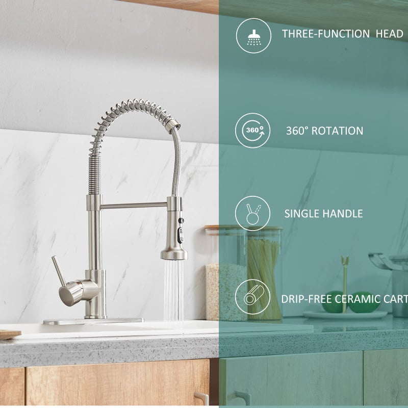 Hoimpro Brass Spring Kitchen Faucet with Pull Down Sprayer with Cover Plate, Rv Kitchen Sink Faucet with cUPC Hoses, 3 Function Single Handle Laundry Faucet, Brushed Nickel (1 or 3 Hole) - Image 5
